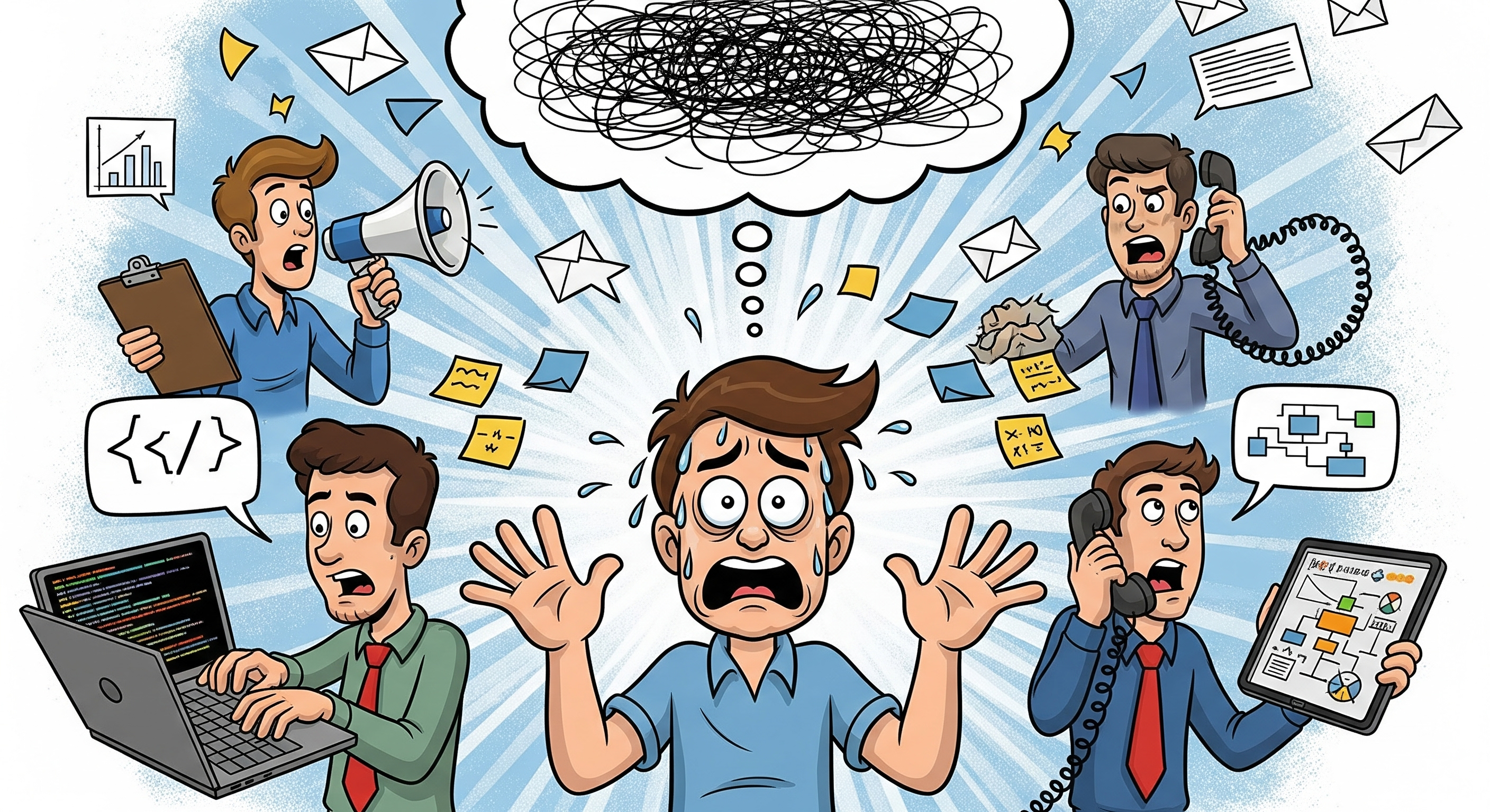 Ilustración de persona confundida por múltiples canales de mensajes