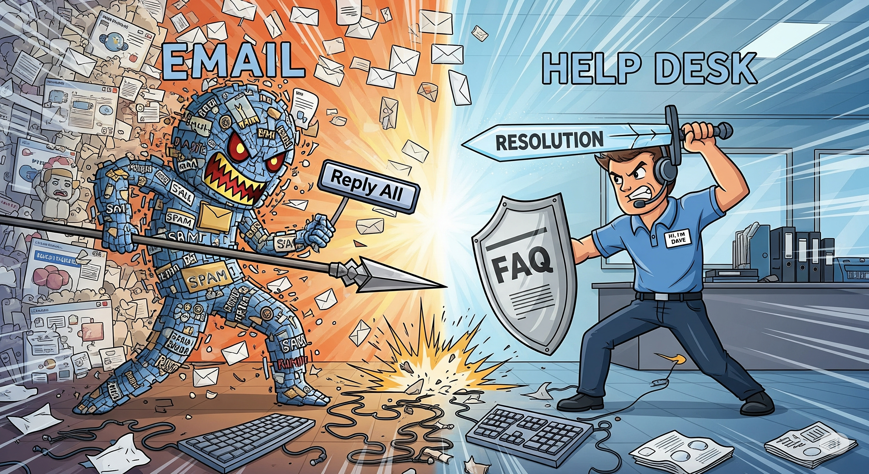 Ilustración sobre el caos del email comparado con una mesa de ayuda organizada